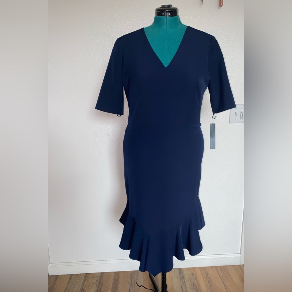 Maggy London Navy V‑Neck Ruffle Hem Dress